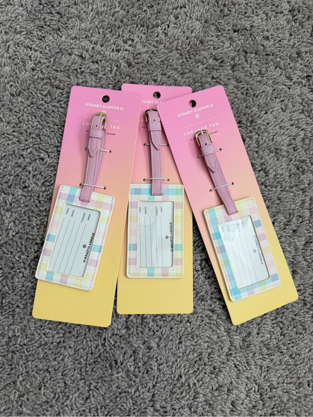 Stoney Clover Lane Pastel Plaid Luggage Tag with Pink Strap